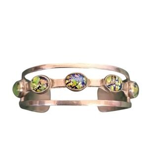 Vintage Stamped Mexico Green Opal Glass Silver Open Cuff Bracelet Statement